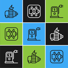 Set line Electric motor, car charging station and Low battery icon. Vector