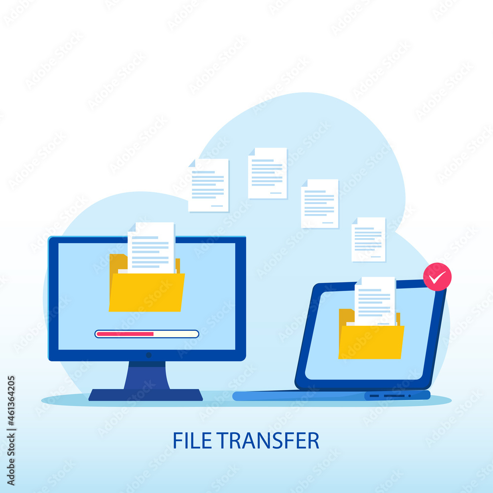 Poster file transfer concept, backup data, technology cloud, upload and download, flat vector template styl