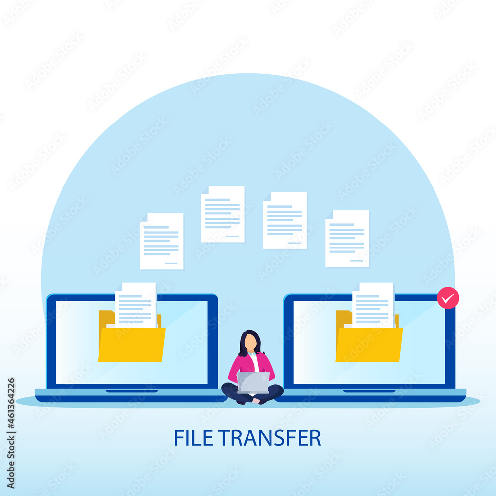 Poster file transfer concept, backup data, technology cloud, upload and download, flat vector template styl