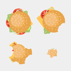 hamburger set, collection of vector and flat eaten hamburger from top, top view