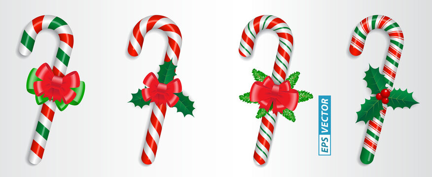 set of realistic candy cane christmas isolated or crossed sweet candy tied with a bow or sweet traditional gift christmas holiday. eps vector