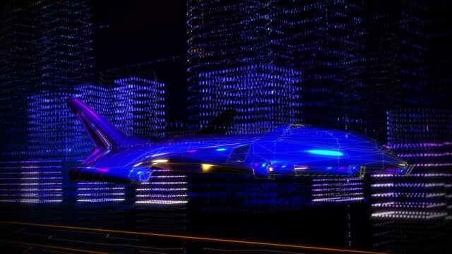 High tech transport inside of the virtual reality world. High tech transport is passing through the futuristic digital space. Blue Binary Data Shapes are reflecting on the high tech transport vehicle.