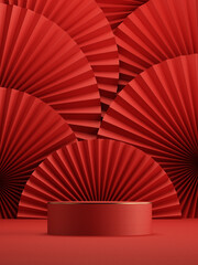 Minimal abstract cosmetic background. chinese style red podium background for product presentation. 3d rendering illustration.