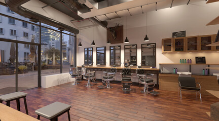 Barber shop interior 3d illustration