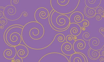 Modern simple geometric seamless pattern with yellow colour swirl shape, line texture on purple background. Light abstract floral wallpaper, bright tile ornament.