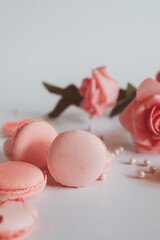 Pink macaron cookies and rose flowers on white background. French cookie. Soft pastel vintage tone. 