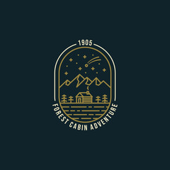 forest cabin adventure with landscape mountain night view line art badge emblem logo design vector