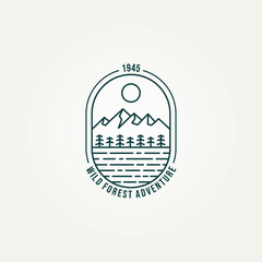 landscape mountain forest adventure wildlife line art badge emblem logo design vector