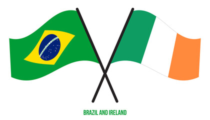 Brazil and Ireland Flags Crossed And Waving Flat Style. Official Proportion. Correct Colors.