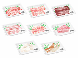 パックに入った焼肉用の肉のイラストセット