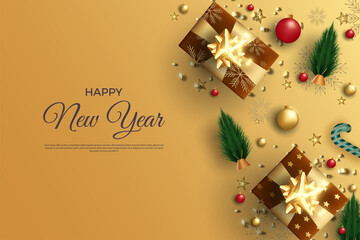 Fototapeta na wymiar beautiful new year background with sweet gift boxes of different sizes.