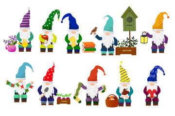 A set of little gnomes. Fairy tale characters with various items - basket, mushrooms, lantern and flags.Vector illustration. For use in the design of cards, invitations, fabrics and prints, children