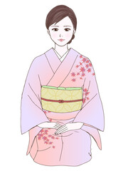 着物の女性_正座_正面_もみじ柄