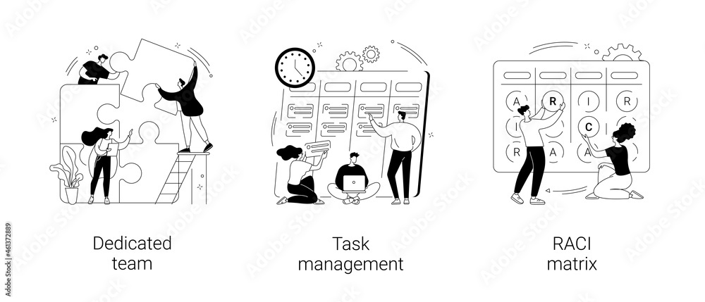 Aufkleber developers team management abstract concept vector illustrations.