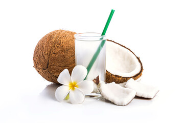 Fresh Coconut water with coconut isolated on white background.