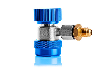 Quick coupler contains R134a for refrigerant fills the  infusion tank on white background.
