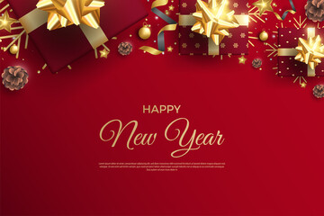 Obraz na płótnie Canvas Happy new year with realistic red gift box decoration.
