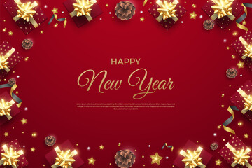 Happy new year with realistic red gift box decoration and shiny stars.