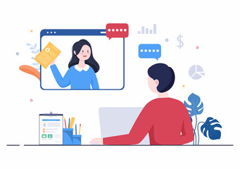 Naklejka na ściany i meble Job Interview Online Service or Platform, Candidate and HR Manager. Business Man or Woman at Table, Vector Illustration For Conversation, Career, Human Resource Concept