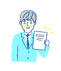 書類を持って喜んでいる若い男性