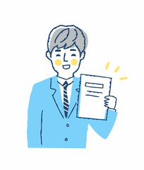 書類を持って喜んでいる若い男性