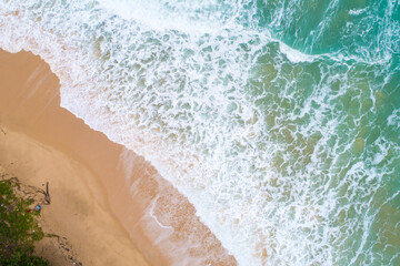 Aerial view sea wave on sand beach turquoise water summer vacation concept