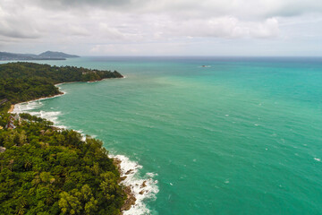Aerial view sea wave on sand beach turquoise water summer vacation concept