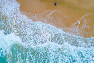Aerial view sea wave on sand beach turquoise water summer vacation concept
