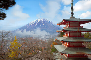 Beautiful Autumn scenery of Red pagoda Chureito the famous tourist attraction in fujinomiya town and Mount Fuji at sunset in Yamanashi prefecture, Japan - 461374841