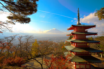 Beautiful Autumn scenery of Red pagoda Chureito the famous tourist attraction in fujinomiya town...
