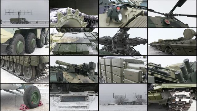 Collage of different parts armored fighting vehicle tank and rotorcraft helicopter. Primary offensive weapon in front-line ground combat. Radar detection system