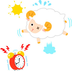 激しく鳴る目覚まし時計と飛び起きる羊