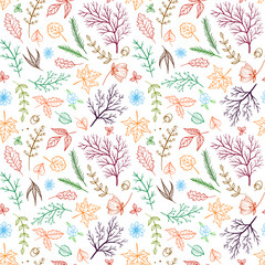 Fall florals vector seamless pattern. Autumn leaves and branches digital paper.