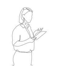continuous line drawing of standing woman reading book