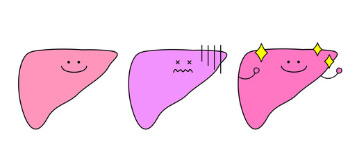 肝臓のシンプルなイラスト。健康なものと不健康なもの。キャラクターバージョン。
