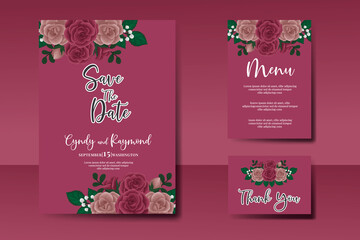 Wedding invitation frame set, floral watercolor Digital hand drawn Maroon Rose Flower design Invitation Card Template