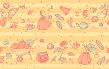 Seamless vector pattern with autumn elements. Pumpkins, sunflowers, corn, leaves. For packaging, fabric, wallpaper, textiles