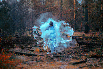 Time Traveler appearing from Shockwave Portal in middle of the Woods Scifi Abstract