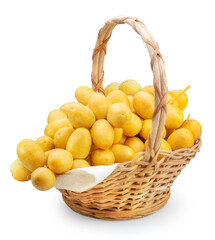 Branch of Yellow date palm in the basket isolated on white background, Fresh yellow date palm fruit isolated on white background With clipping path.