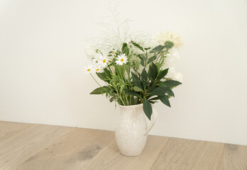 Flowers in Ceramic Vase, Greenery, Living Room, White Vase, Daisy Flower with Leaves, Minimalist Lifestyle