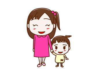 ＜全身・正面＞幼児と手をつないで笑顔でお世話をする少女