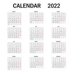 2022 calendar planner. Corporate week. Template layout, 12 months yearly, white background. Simple design for business brochure, flyer, print media, advertisement. Week starts from Monday