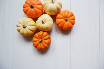 Mini pumpkins composition background for design. Mini pumpkin decoration. Halloween, Harvest, Autumn concept background.