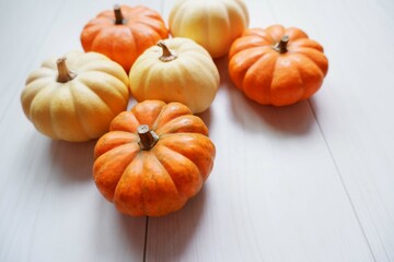 Mini pumpkins composition background for design. Mini pumpkin decoration. Halloween, Harvest, Autumn concept background.
