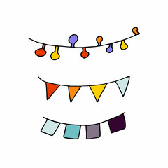 Doodle Halloween Garlands. Hand-drawn festoon isolated on white background. Color festive decoration with light bulbs, flags, ribbons. Vector illustration for a holiday, birthday, party, advertisement