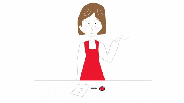 机の上に置かれたハンコと接客する女性