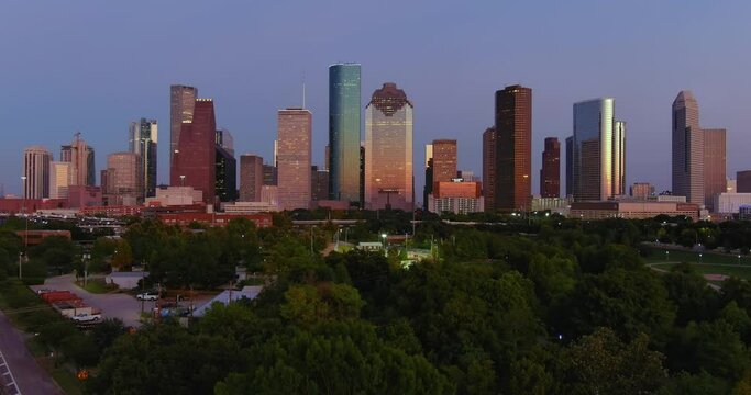 Aerial view of downtown Houston during golden hour