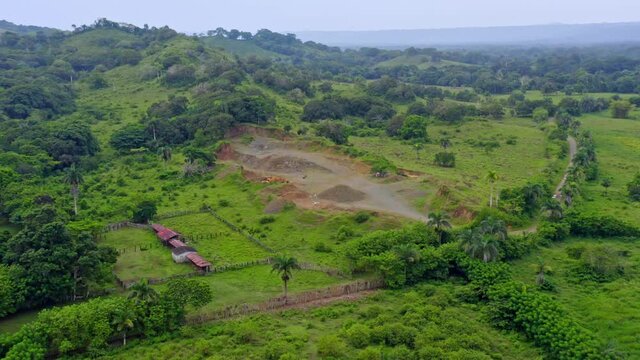 Open pit stone mine at Sabana de la Mar in Dominican Republic. Aerial drone view