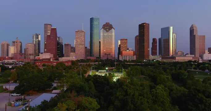 Aerial view of downtown Houston during golden hour