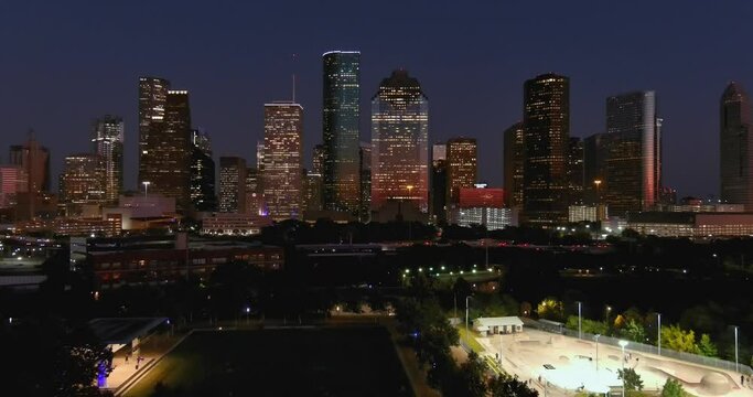 Aerial view of downtown Houston at night